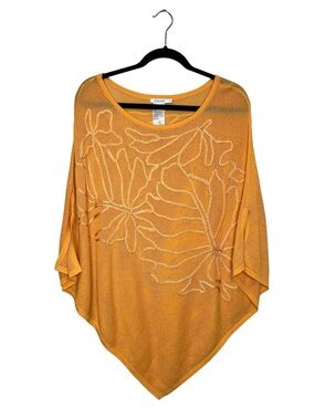 Chico’s Orange Boho Embroidered Floral Plant stitched Knit Mesh Poncho size S/M